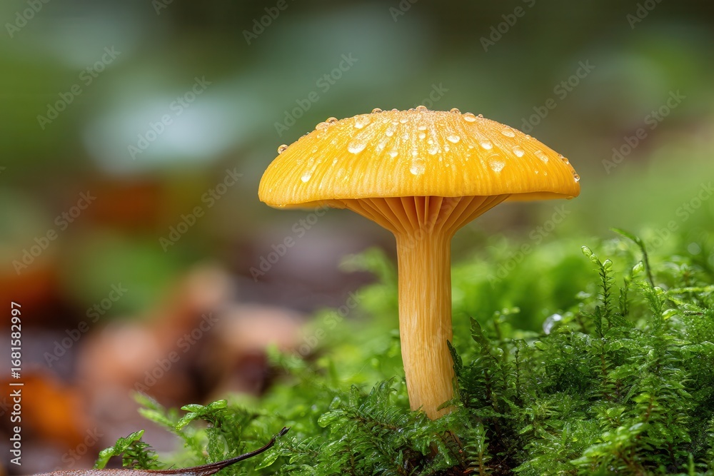 Fototapeta premium Vibrant yellow mushroom with dew in lush green forest.