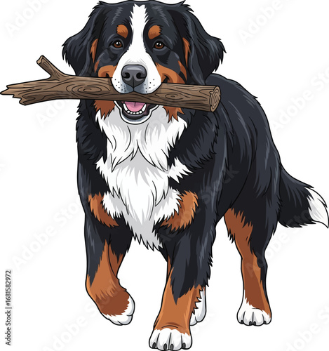 cute Bernese Mountain Dog carrying stick playing fetch illustration