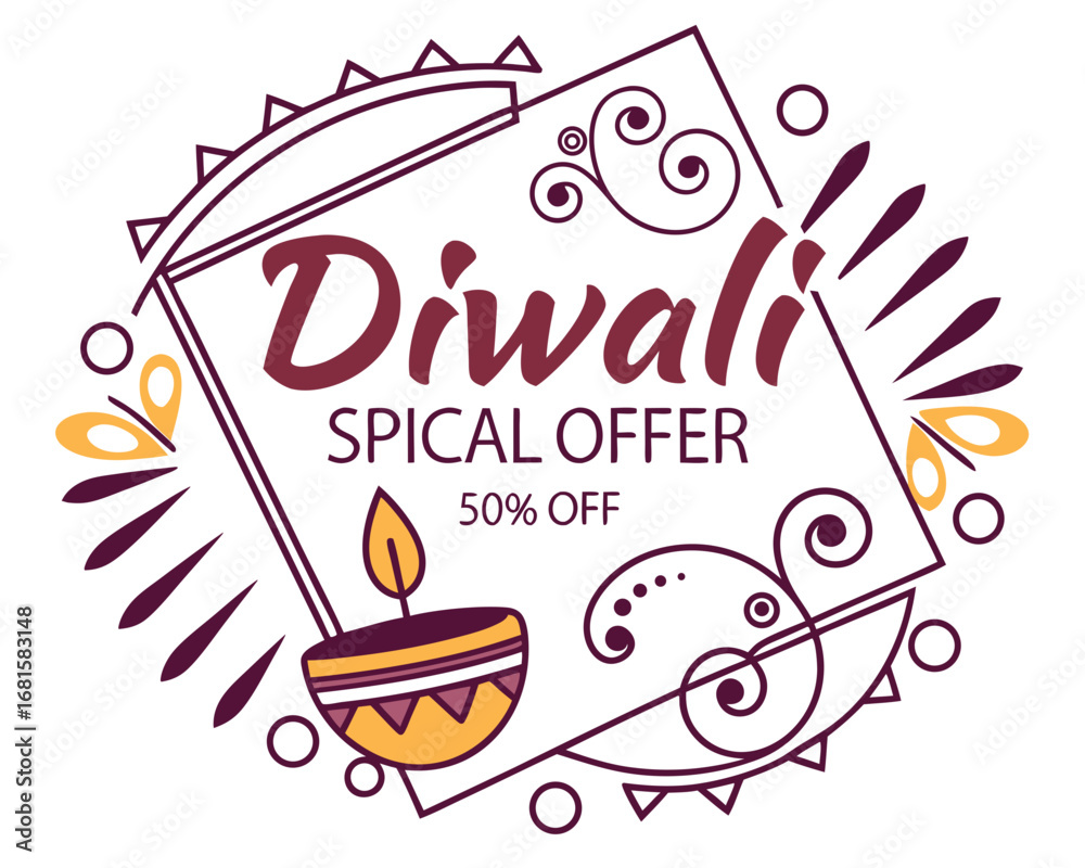 Naklejka premium Diwali Special Offer Banner with Decorative Elements and Fifty Percent Discount