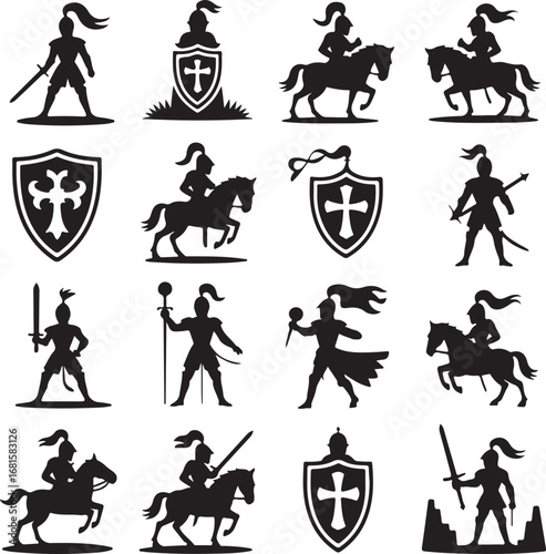 Compilation of black silhouette icons featuring knights and medieval warfare symbols warrior