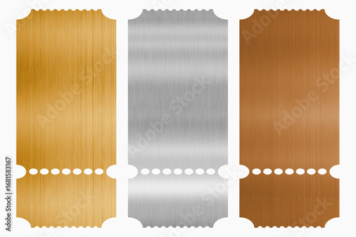 Gold, silver and bronze ticket and coupon template.Set of metallic mockups with golden, silver and bronze gradient. Metal textured vouchers set for sale,party,event.Vector illustration EPS 10