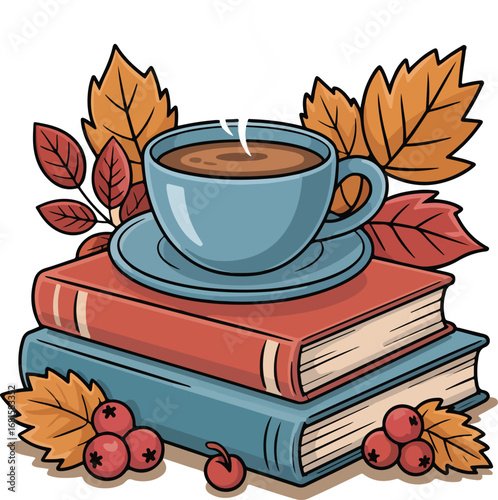 Autumn still life with coffee cup and books on a table