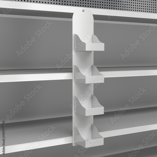 Сlose-up of supermarket empty shelves and hanging plastic display stand. 3d illustration