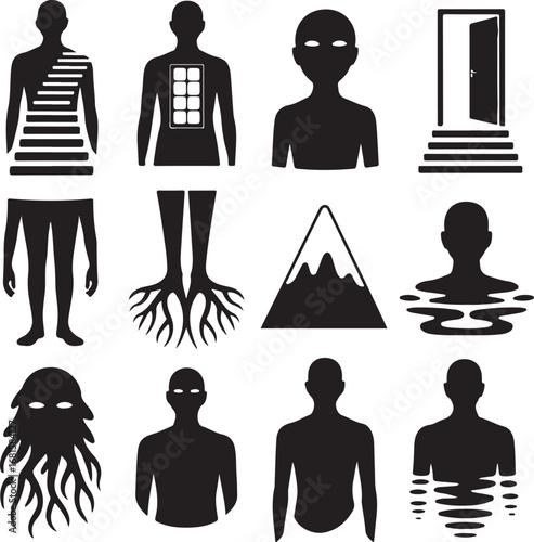 Surreal Human Body Icons With Stairs Roots Mountain Water Door abstract