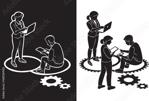 Vector cartoon illustration of men and women dancing and playing music in a rock band