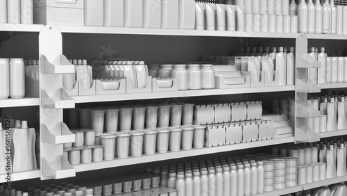 Mockup of hanging plastic display stands and supermarket shelves with blank dairy products. 3d illustration