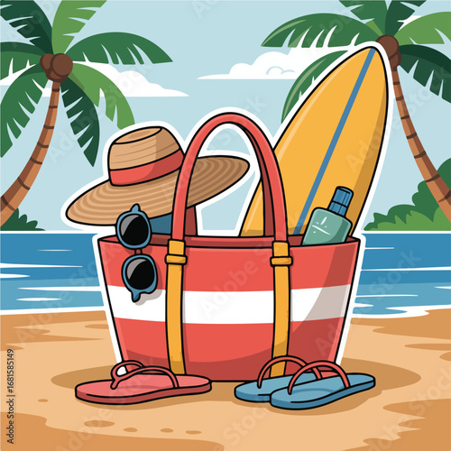 Tropical beach scene with palm trees and a beach chair