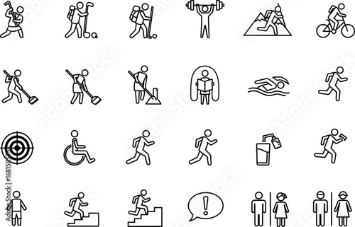 Activity icon vector set, black silhouette illustrations of sports, chores, reading, accessibility, movement, perfect for UI, signage, education, design