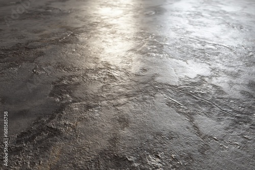 Dark textured concrete floor with a glossy, reflective surface and a bright light highlight.