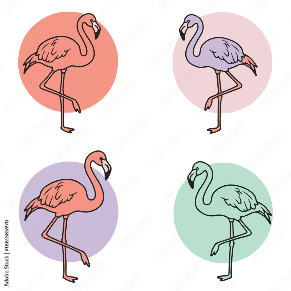 Fototapeta premium Flamingo Friends Colorful birds on simple colored circles, flat graphic style