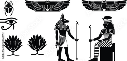 Ancient Egyptian vector, mythology icons, Anubis silhouette, Eye of Horus, scarab beetle, lotus flower, pharaoh figure, cultural symbol set