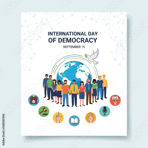 International day of democracy poster with people, globe, and symbols of voting and freedom