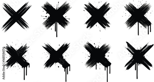 Brushstroke X mark set, grunge paint splatter icons, dripping texture, black vector symbols, artistic rejection signs, distressed graphic illustration pack