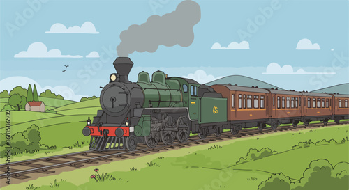 Steam engine pulls passenger cars
