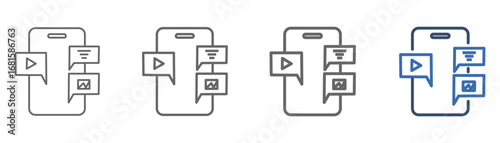 
outline icon set of multimedia applications with mobile phone and multimedia design