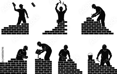 Construction workers silhouette vector, bricklaying illustration, masonry labor poses, black and white builder icons, trowel, mortar, teamwork, industrial tools
