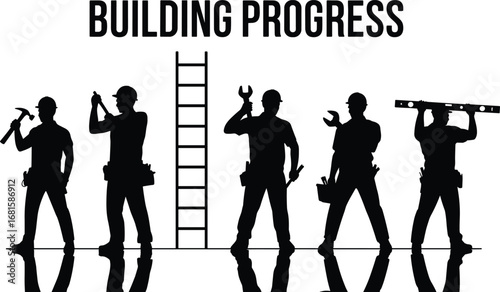 Construction workers silhouette with tools, teamwork concept, ladder and gear, black and white vector, building progress, engineering labor, industrial workforce illustration