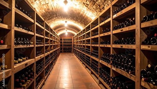 A long, dimly lit wine cellar with wooden shelves filled with bottles