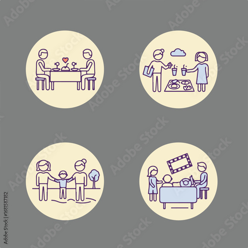 Four scenes dinner, picnic, family, and bedside