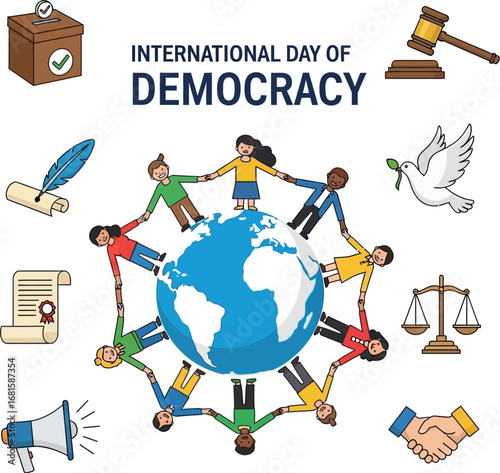 International day of democracy illustration with diverse people holding hands around the world globe