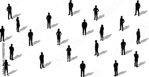Black people silhouette collection, men and women standing with shadows, vector illustration set for crowd, business, teamwork, office, and lifestyle design.
