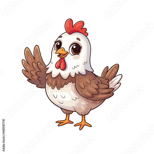 Charming cartoon chicken with welcoming gesture offering a friendly greeting with wings spread open