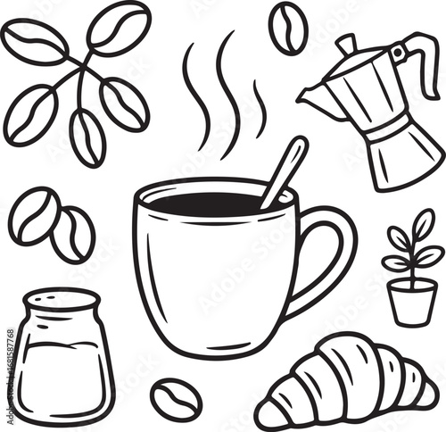 Stylized Outline Vector Illustration of a Steaming Coffee Mug with Beans, Moka Pot, and Small Plant, Ideal for Cafe Decor and Menus.