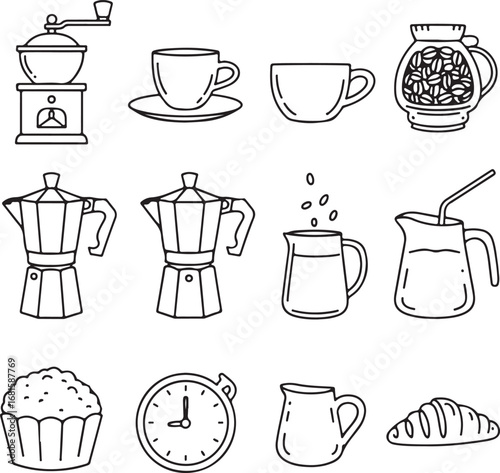Outline Vector Set of Coffee Icons: Grinder, Cups, Moka Pots, and Pitchers, Representing Barista Equipment, Espresso Brewing, and Cafe Beverages.