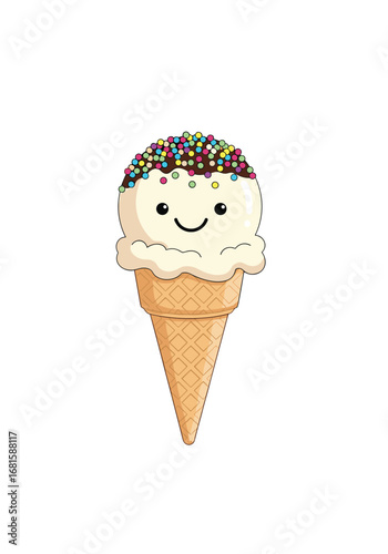 A sweet vanilla ice cream cone with colorful sprinkles and a happy face