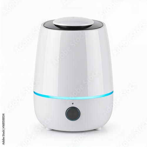 Modern humidifier emitting cool mist with soothing ambient lighting for healthy living on white background