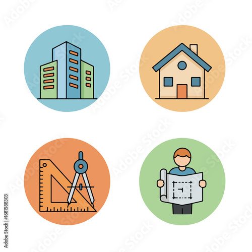 Icons of a building, home, architect tools, and a man holding blueprints