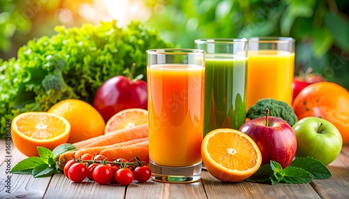 Fototapeta Naklejka Na Ścianę i Meble -  Three glasses of fresh juice with assorted fruits and vegetables on a wooden table
