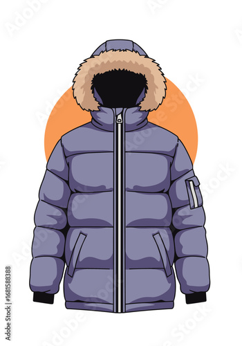 Warm winter puffer jacket with fur hood and zippered pockets for cold weather outdoor activities