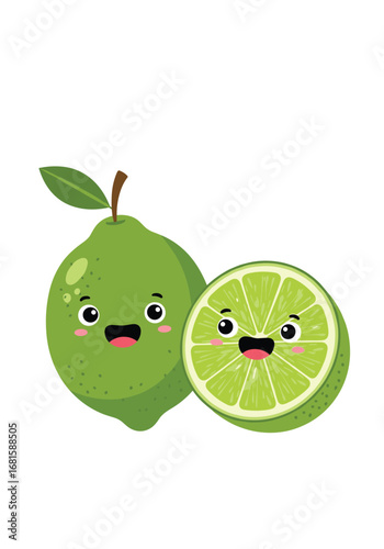 Two cute kawaii limes one whole and one sliced showing seeds