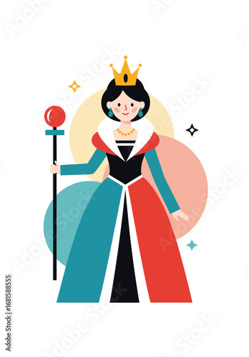 Elegant queen with scepter and crown sparkles in royal attire