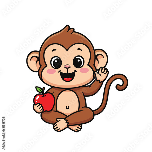 Cute cartoon monkey holding a red apple illustration adorable and playful scene smiling face