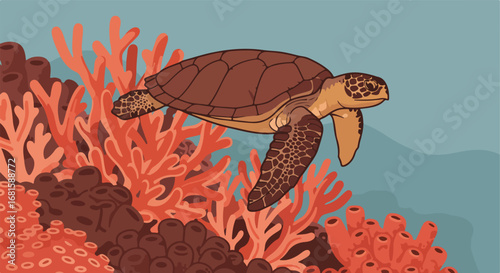Sea turtle gliding near colorful coral reefs on a light blue background