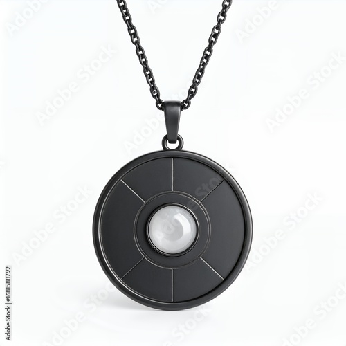 Elegant black pendant necklace featuring a luminous orb center aesthetic on white background