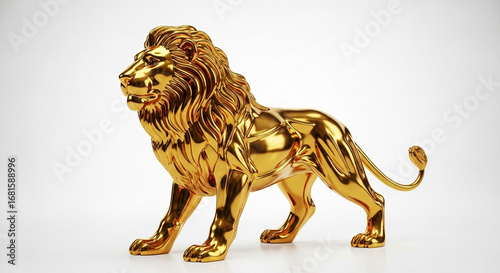 Golden lion statue standing on a white background.