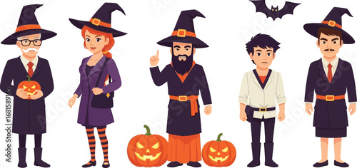 A group of people dressed in halloween costumes including witches and a bat on a cream background