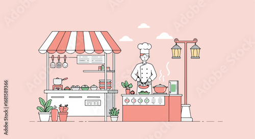 Food preparation at a street stall with a chef cooking