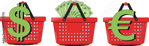 Shopping basket vector, currency symbol icons, dollar, euro, cash illustration, financial concept, red basket design, money theme, economic graphic