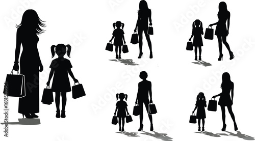 Shopping silhouette set, women and girls with bags, family bonding, fashion lifestyle, black vector illustration, consumer behavior concept, retail theme designShopping silhouette set, women and girls