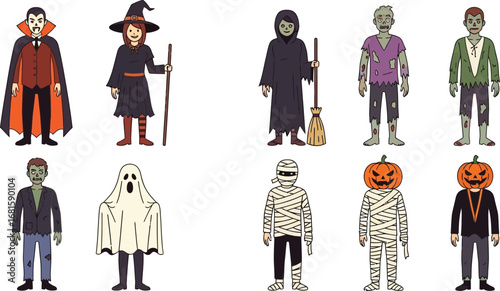 A collection of ten halloween costumes including a vampire a witch and a pumpkin headed character