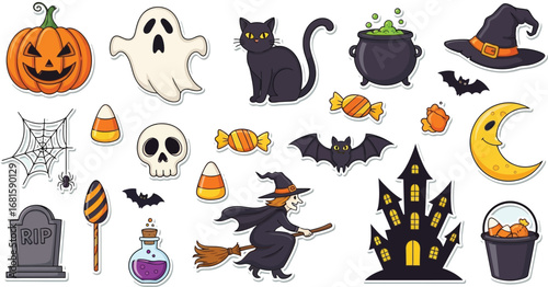 A collection of halloween themed stickers including a pumpkin ghost and black cat on light blue