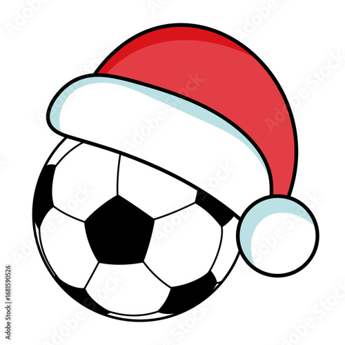 Soccer Ball with Santa Hat. Festive Christmas Vector Illustration. A fun and festive vector illustration of a classic black and white soccer ball wearing a red Santa Claus hat.