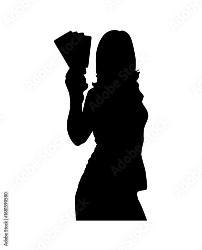 A black silhouette of a woman holding a fan of money, presented against a pure white background.