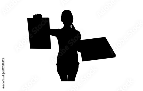 A woman is standing with Akbar in one hand and a box in the other, holding it in front of her, vector illustration of a brave woman