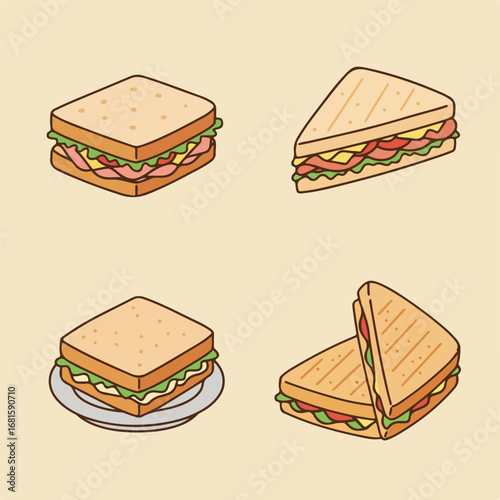 Sandwich set four isometric sandwiches with meat, cheese, & vegetables
