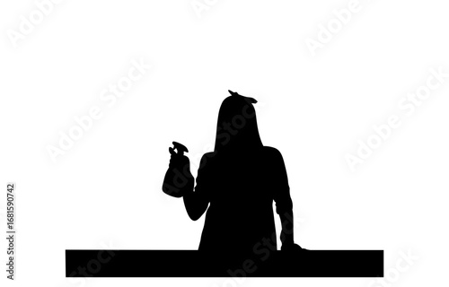 A clean, simple silhouette of a woman spraying a cleaning solution.